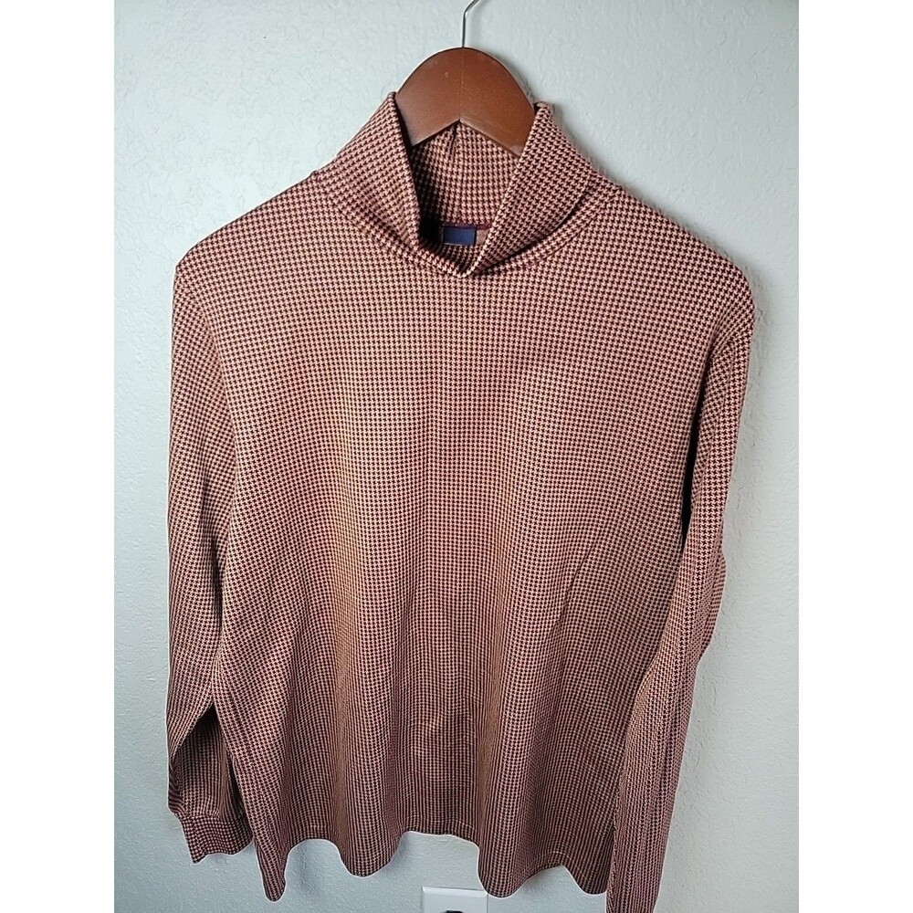 Lands’ End Women’s M 10-12 Mock Neck Top Red Tan Houndstooth Long Sleeve USA